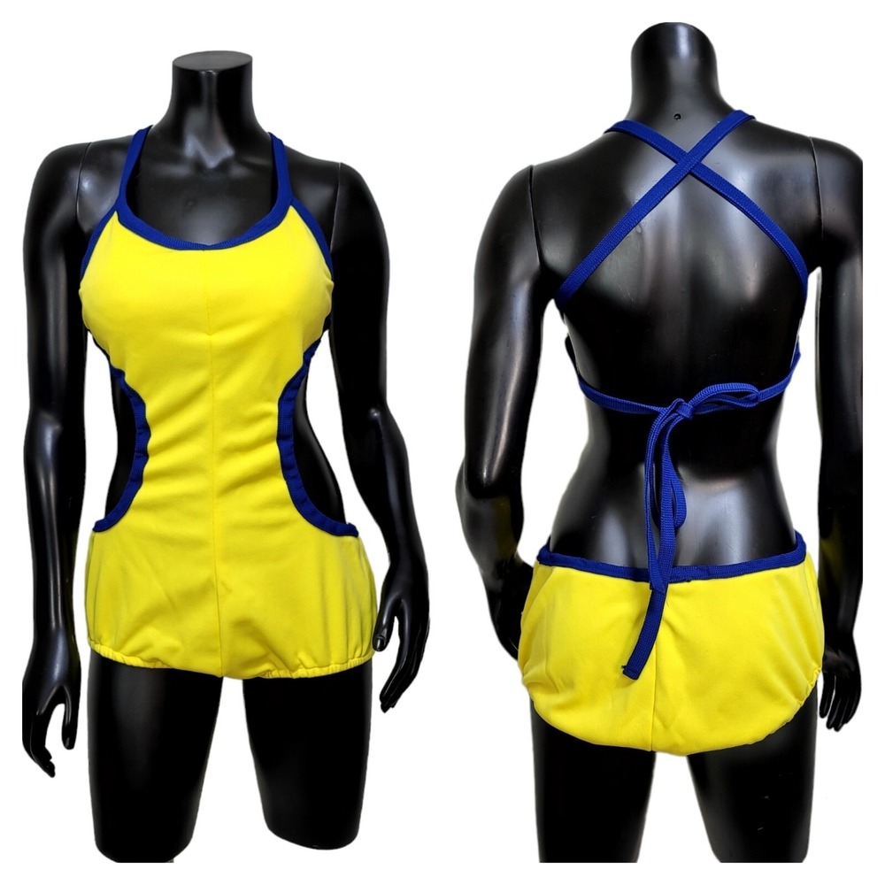 Vintage Style Yellow Royal Blue Cutout One Piece Swimsuit Retro Monokini M